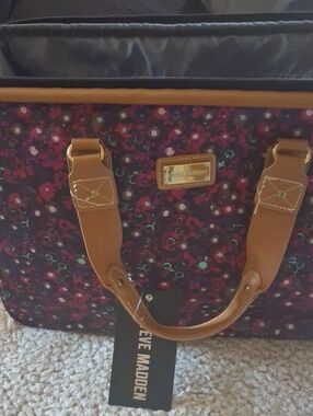 Steve Madden Floral Print Tote in Burgundy with Tan Handles